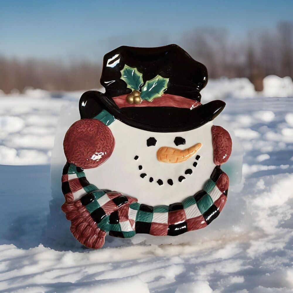 FITZ AND FLOYD ESSENTIALS Holiday Ceramic Snowman 10" Canape Plate VGUC Vintage